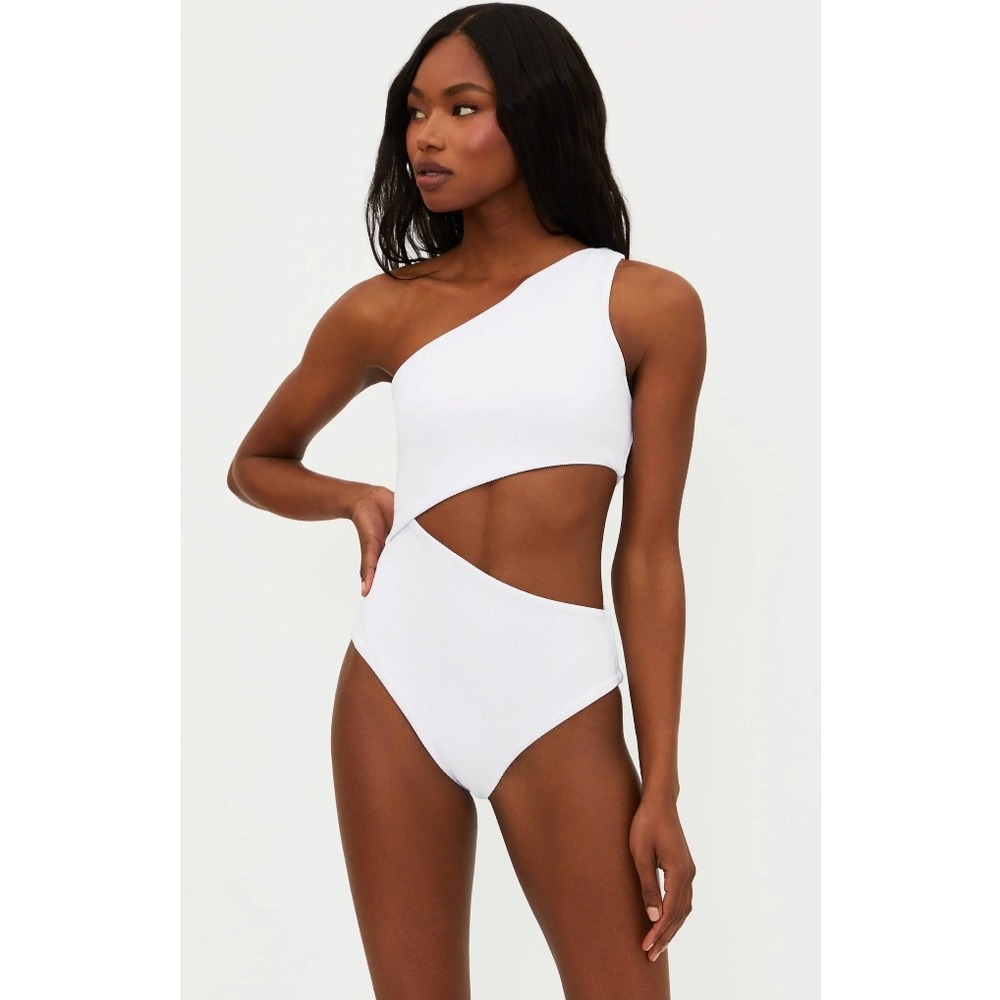 Beach Riot Celine Swimsuit Large White Ribbed Cutout One Shoulder Vacation